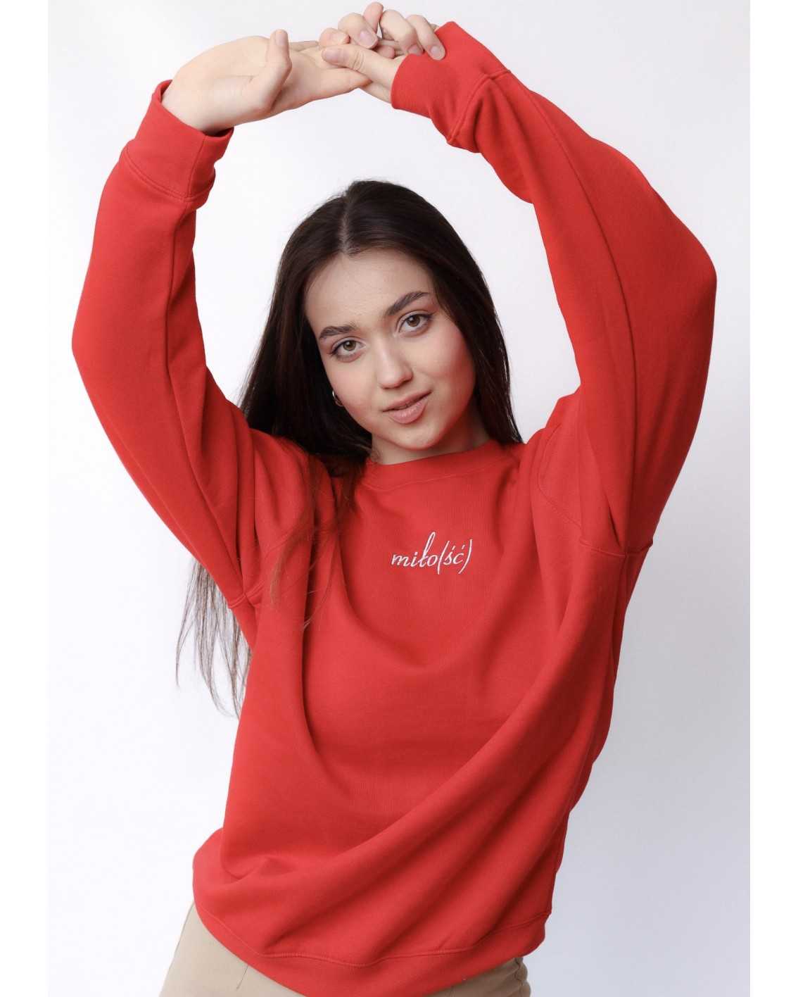 Original crewneck czerwony z białym haftowanym logo Miło(ść)